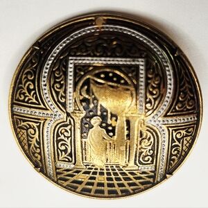Vintage Damascene Brooch Pin Toledo Spain Style Gold Silver Tone Scenic Round
